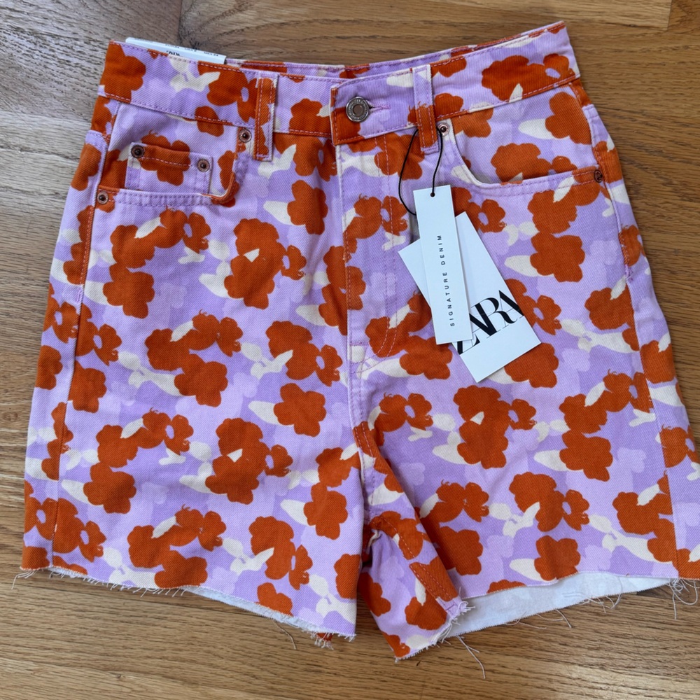Zara Women's Floral Jean Shorts - Lilac Purple and Orange